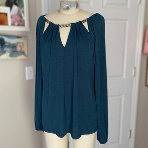 JLo Jennifer Lopez TEAL Slinky chain collar Y2K Peasant Tunic Shirt *SMALL*